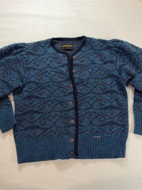 Geiger Blue Patterned Button-Front Women's Cardigan Pure New Wool Blend